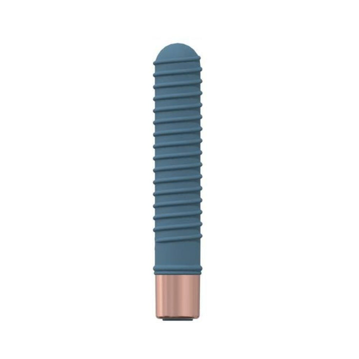 Blue ribbed mini vibrator with rose gold base, compact and sleek design made from body-safe silicone.