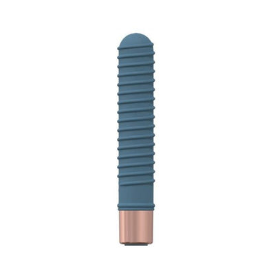 Blue ribbed mini vibrator with rose gold base, compact and sleek design made from body-safe silicone.