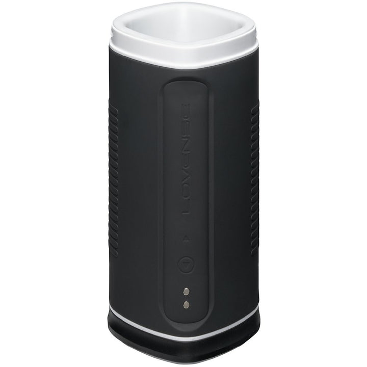 Compact black and white Lovense Calor male masturbator with textured grip and control buttons on the front.