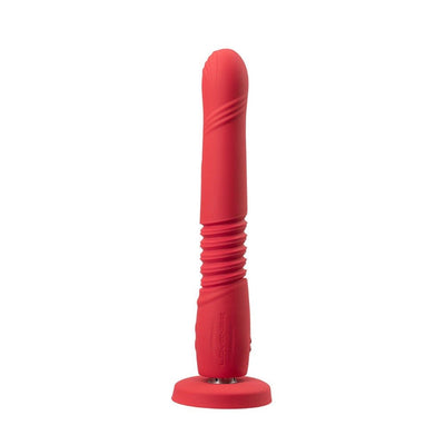Red thrusting dildo with textured shaft and suction cup base, designed for hands-free use and app control.