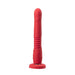 Red thrusting dildo with textured shaft and suction cup base, designed for hands-free use and app control.