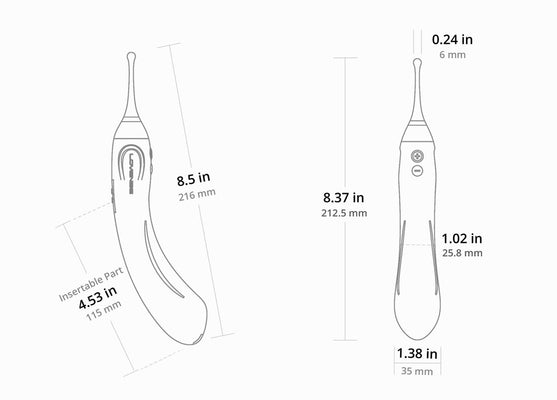 Line drawing with detailed dimensions of Lovense Hyphy dual-end stimulator, showing length, width, and insertable part measurements.