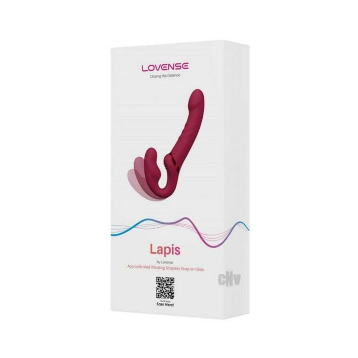 Packaging box of Lovense Lapis flexible double-ended vibrating strapless strap-on in deep red color.