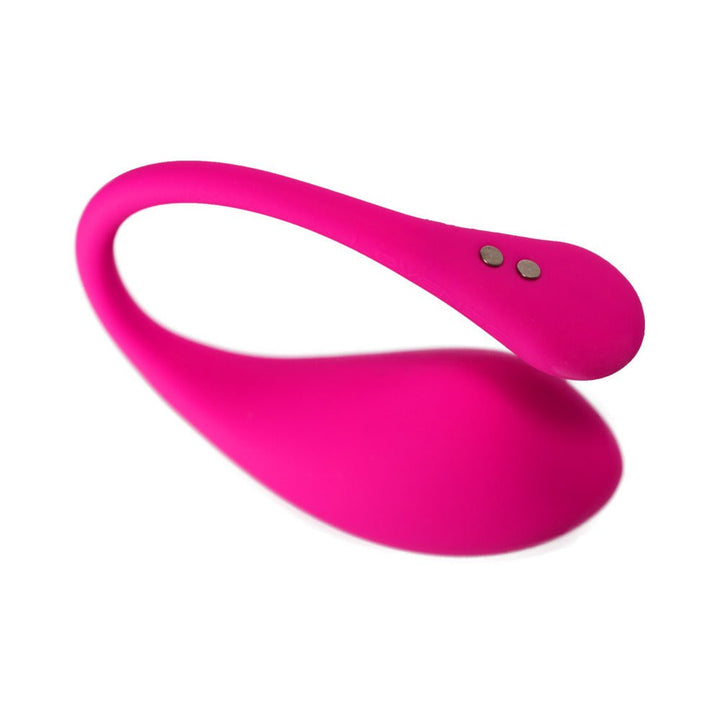 Pink Lovense Lush 3 app-controlled wearable egg vibrator with magnetic charging points on a white background.