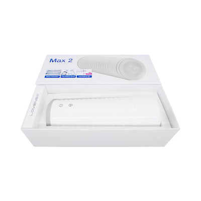 Lovense Max 2 male masturbator in white with neutral-shaped sleeve displayed in open white packaging box.