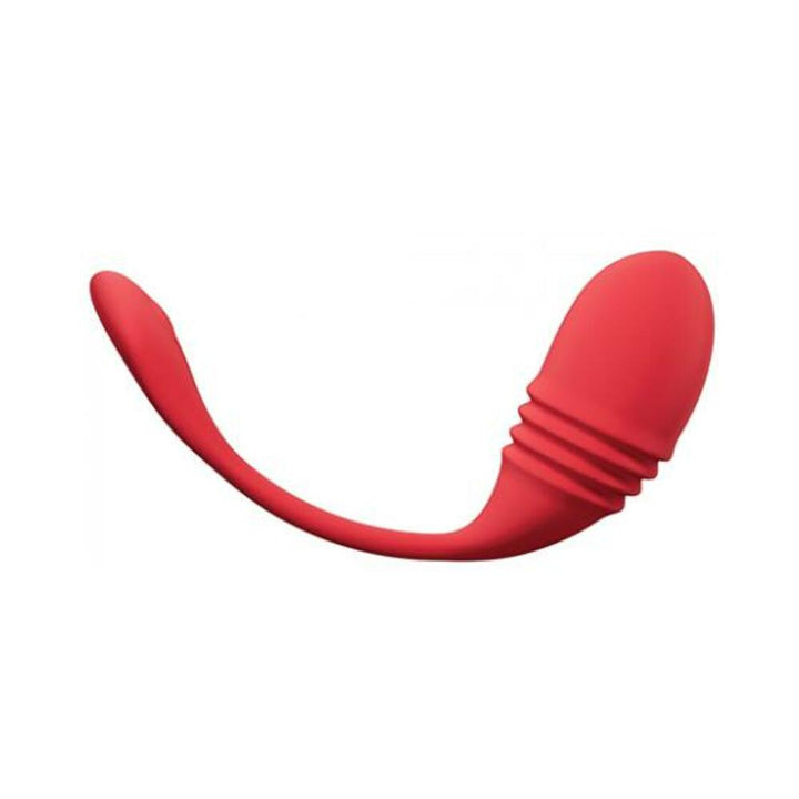 Red silicone app-controlled Lovense Vulsethrusting and vibrating egg with flexible design for hands-free G-spot stimulation.