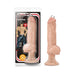 Beige realistic PVC vibrator with pierced head and suction cup base, shown in and out of packaging with cartoon bad boy design.
