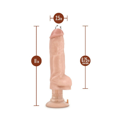 Beige PVC vibrator with pierced head, suction cup base, and size dimensions labeled for length and width.