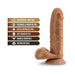 Realistic mocha-colored dildo with suction cup base and textured surface, highlighting body-safe, phthalate-free, and harness-compatible features.