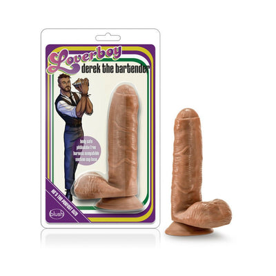 Loverboy Derek The Bartender Mocha realistic dildo with suction cup base next to its retail packaging featuring bartender illustration.