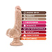 Beige realistic vibrating dildo with suction cup base and feature list highlighting body-safe, multispeed vibrations, and harness compatibility.