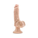 Beige realistic vibrating dildo with suction cup base standing upright on white background.