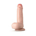 Realistic vanilla-colored dildo with suction cup base and detailed texture standing upright on white background.