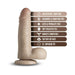Vanilla-colored realistic dildo with suction cup base and safety feature icons on white background.