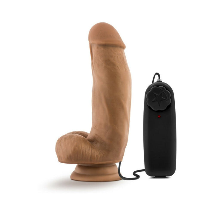 Mocha-colored 7-inch realistic vibrating device with adjustable speed remote control and suction base.