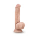 Beige realistic dildo with textured shaft and suction cup base standing upright on white background.
