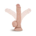 Beige realistic dildo with suction cup base shown in upright and angled positions on white background.