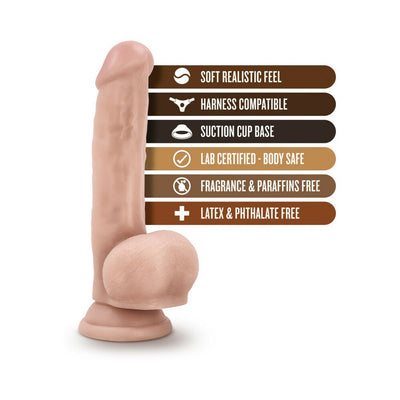 Beige realistic dildo with suction cup base and textured design highlighting softness, safety, and harness compatibility features.