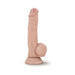 Beige realistic dildo with detailed texture and suction cup base standing upright on white background.