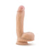 Beige realistic dildo with suction cup base and textured shaft standing upright on white background.