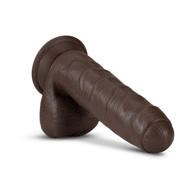 Realistic chocolate-colored silicone dildo with suction cup base and detailed texture for hands-free use.