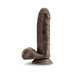 Realistic chocolate-colored silicone dildo with suction cup base and detailed texture.