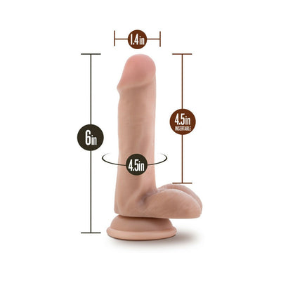 Vanilla-colored realistic dildo with suction cup base, 6-inch length and 1.4-inch width, detailed texture and lifelike design.