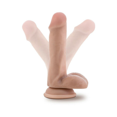 Realistic vanilla-colored dildo with suction cup base shown in multiple angled positions on white background.