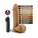 Mocha realistic vibrating dildo with suction cup base and remote control, highlighting body-safe and waterproof features.