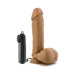 Mocha-colored realistic 8-inch vibrating dildo with remote control and suction base on white background.
