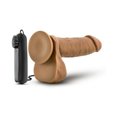 Mocha-colored realistic vibrating dildo with remote control and textured surface on white background.