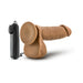 Mocha-colored realistic vibrating dildo with remote control and textured surface on white background.