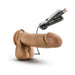 Mocha-colored realistic 8-inch vibrating dildo with attached remote control and AA batteries visible.
