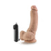 Realistic 9-inch vibrating adult toy in vanilla color with suction cup base and wired remote control.