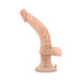 Beige realistic vibrating dildo with curved shaft and suction cup base on white background.