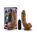 Mocha-colored 9-inch realistic vibrator with remote control and suction base, displayed with packaging and controller.