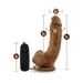 Mocha 9-inch realistic vibrating dildo with suction base and black remote control showing size dimensions.