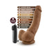 Mocha-colored 9-inch realistic vibrating dildo with remote control and suction cup base, highlighting safety and multi-speed features.