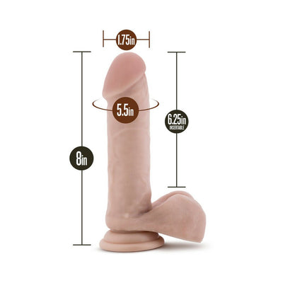 Beige realistic dildo with suction cup base showing measurements of 8 inches length and 1.75 inches width.