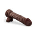 Realistic chocolate-colored dildo with suction cup base, textured shaft, and rounded head for versatile use.