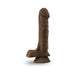 Chocolate-colored realistic dildo with suction cup base and detailed texture, standing upright on a white background.