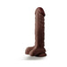 Chocolate-colored realistic dildo with suction cup base standing upright on white background.