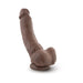 Realistic chocolate-colored dildo with textured details and suction cup base standing upright on white background.