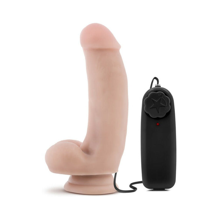 Vanilla-colored 7-inch realistic vibrating adult toy with suction base and black wired remote control.