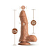 Mocha-colored realistic dildo with suction base, showing dimensions of 8.25in length and 6in girth.