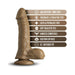Mocha-colored realistic dildo with suction cup base and safety feature icons highlighting body-safe, fragrance-free, latex-free, soft feel, and harness compatibility.