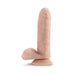 Realistic vanilla-colored dildo with suction cup base and detailed texture for hands-free use and versatile pleasure.