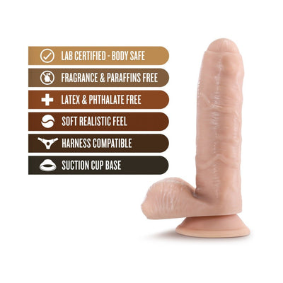 Realistic vanilla-colored adult toy with suction cup base and key features listed including body safe and harness compatible.