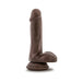 Chocolate-colored realistic silicone companion with suction cup base, standing upright on a white background.