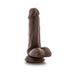 Chocolate-colored realistic dildo with suction cup base standing upright on white background